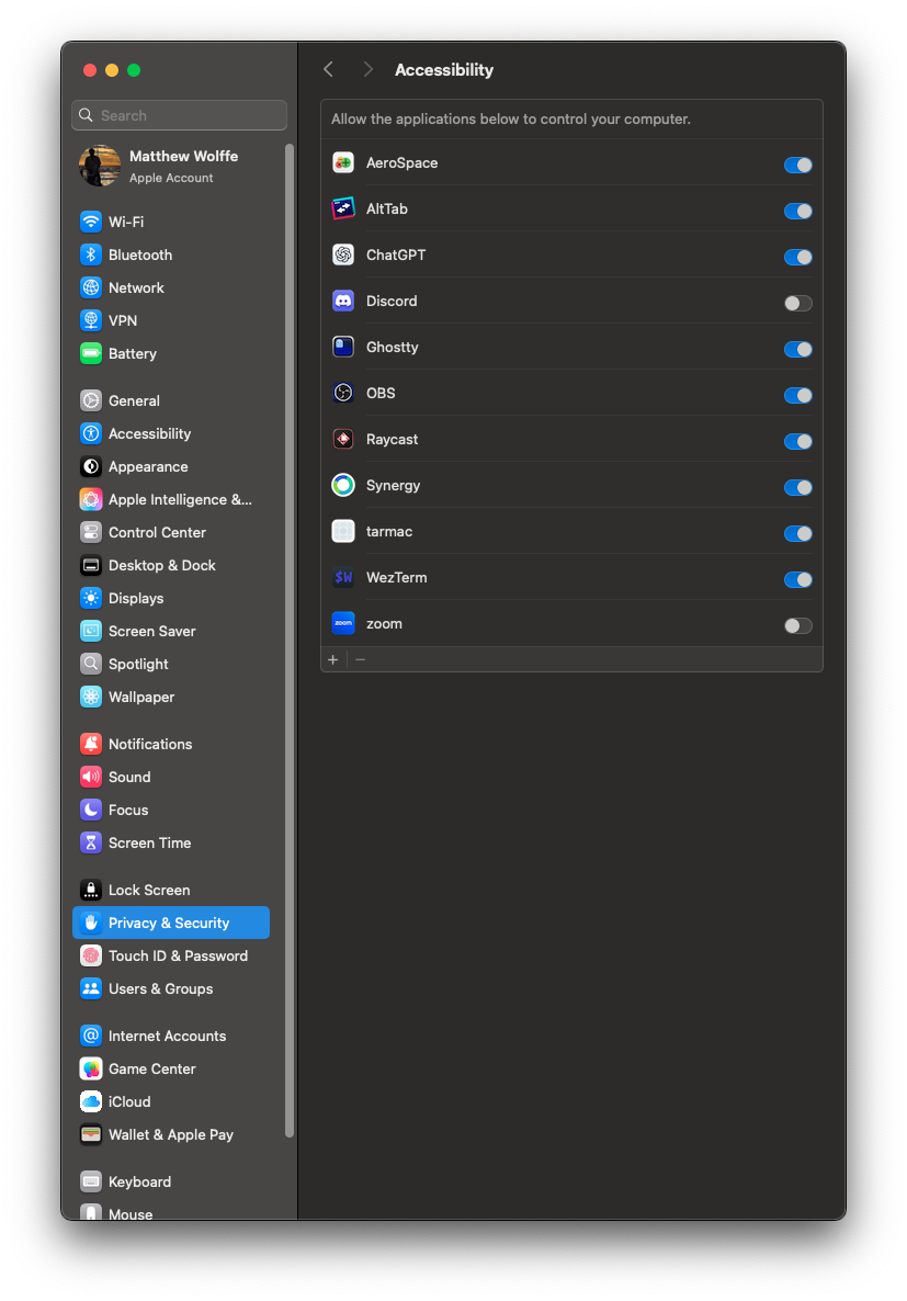 macOS System Settings — Privacy & Security — Accessibility panel with tarmac enabled