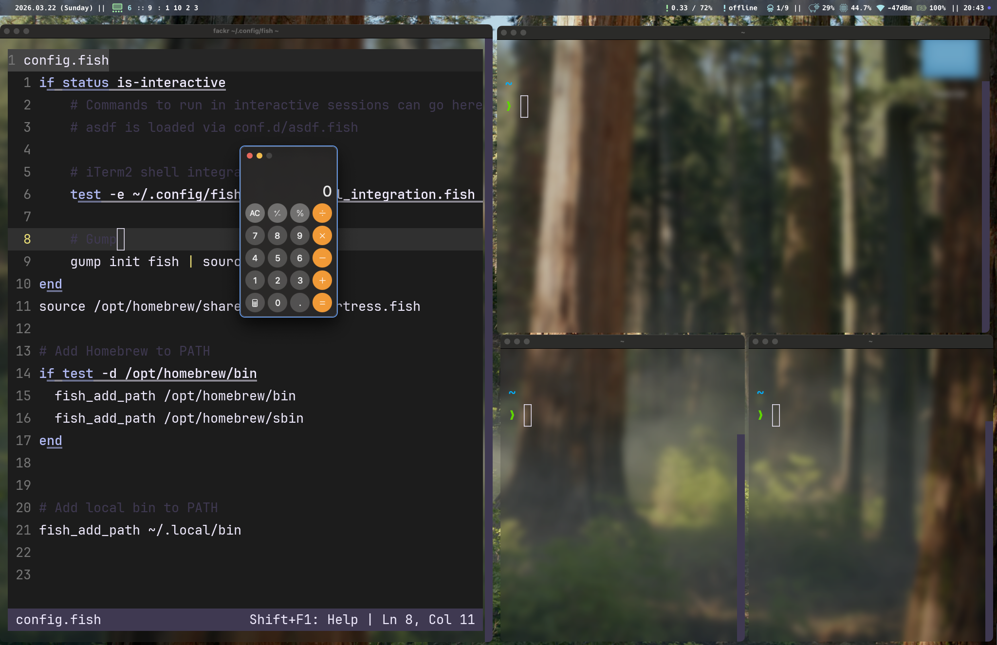 Floating window over tiled layout on macOS — a floating calculator window on top of tiled terminal windows